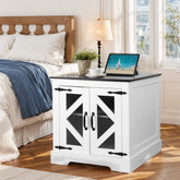 Farmhouse End Table, 24" Large Sofa Side Table with Charging Station, Mesh Barn Door, and Adjustable Storage Shelf, White